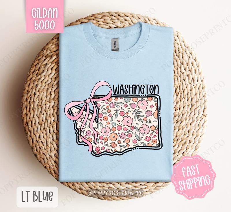 Washington Floral Bow Gildan T-shirt, Cute Trendy Tee, State Coquette Oversized Top Hoodie, Sweatshirt | HypeDripTees.com