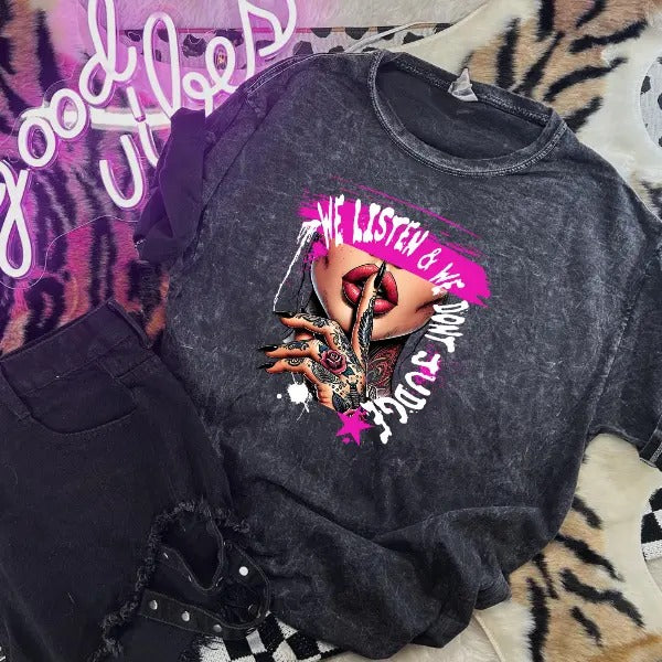 We Listen & Do Not Judge Mineral Wash Crewneck or TShirt, Casual Mental Health Pullover, Vintage Inspired Grunge, Modern...
