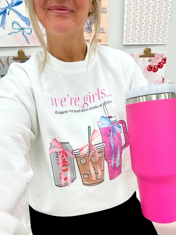'We're Girls Bow Drinks' Crewneck Sweatshirt, Cozy Girly Diet Coke Sweater T-Shirts, Hoodie | HypeDripTees.com