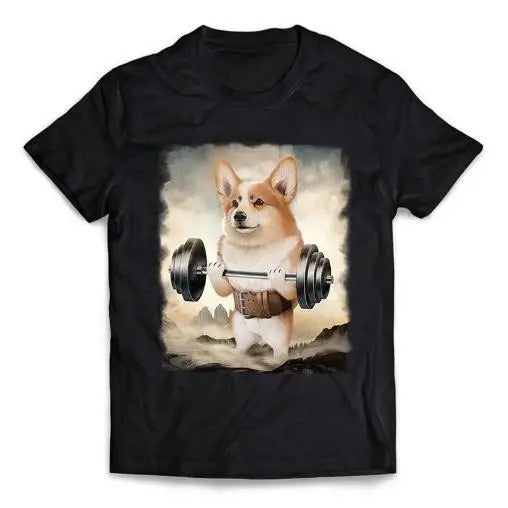 Welsh Corgi Dog Muscle Training and Weightlifting in Mountainous - Short-Sleeve Unisex T-Shirt Made in USA Hoodie, Sweatshirt