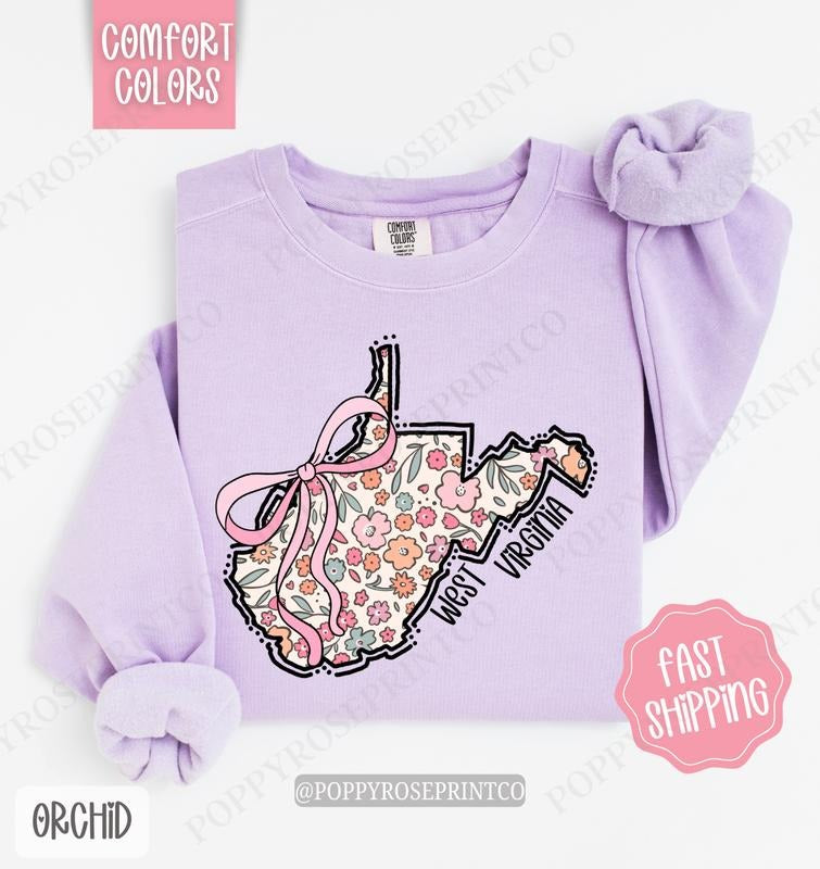 West Virginia Floral Bow Comfort Colors Cute State Coquette T-Shirts, Hoodie, Sweatshirt