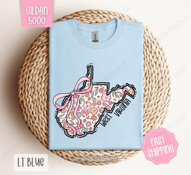 West Virginia Floral Bow Gildan T-shirt, Cute Trendy Tee, State Coquette Oversized Top Hoodie, Sweatshirt | HypeDripTees.com