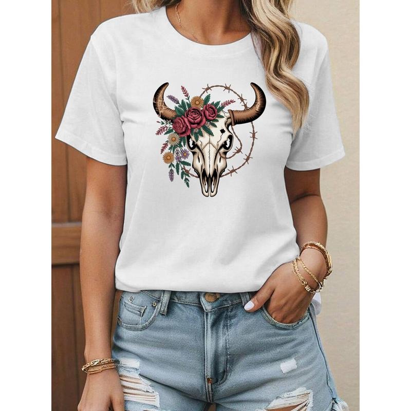 Western - inspired T - Shirt with Floral - adorned Skull Design for a Bohemian Look Hoodie, Sweatshirt | HypeDripTees.com