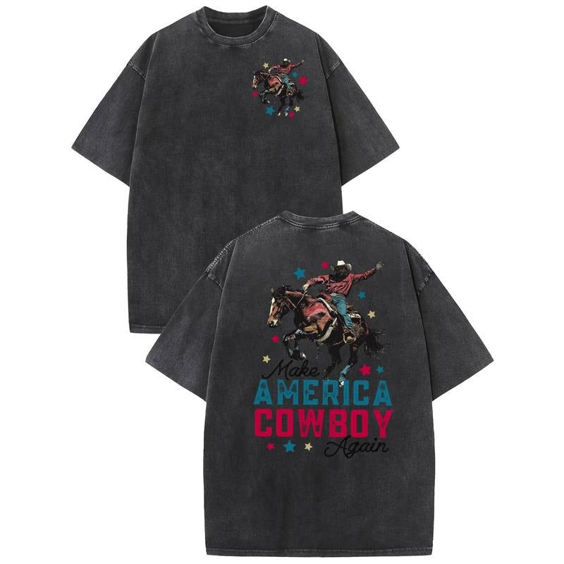 Western - inspired and Patriotic Washed T - Shirt: Celebrate American Cowboy Spirit with a Distressed Design - "Make...