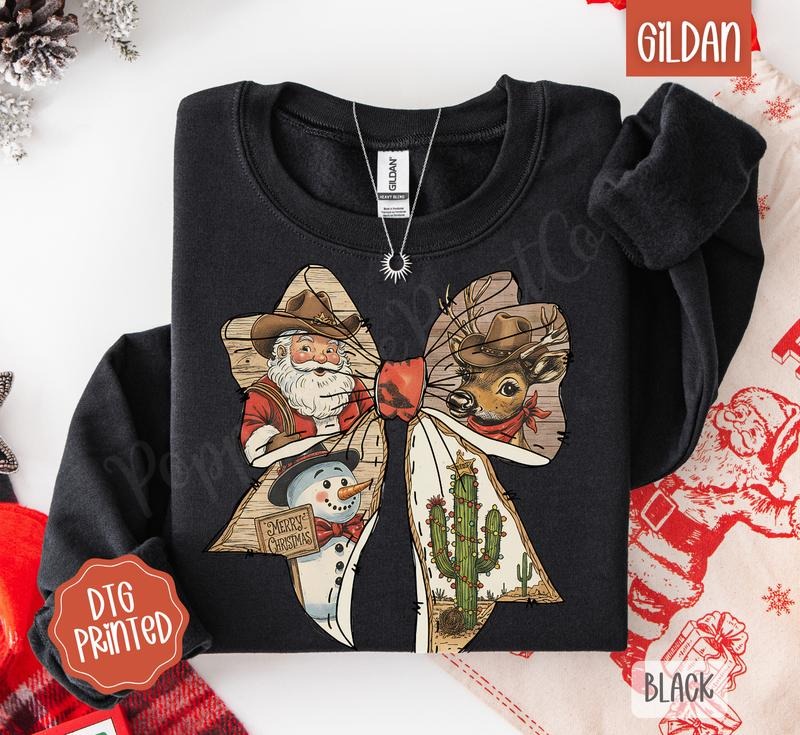 Western Christmas Bow Sweatshirt, Trendy Women's Holiday Sweater T-Shirts, Hoodie | HypeDripTees.com