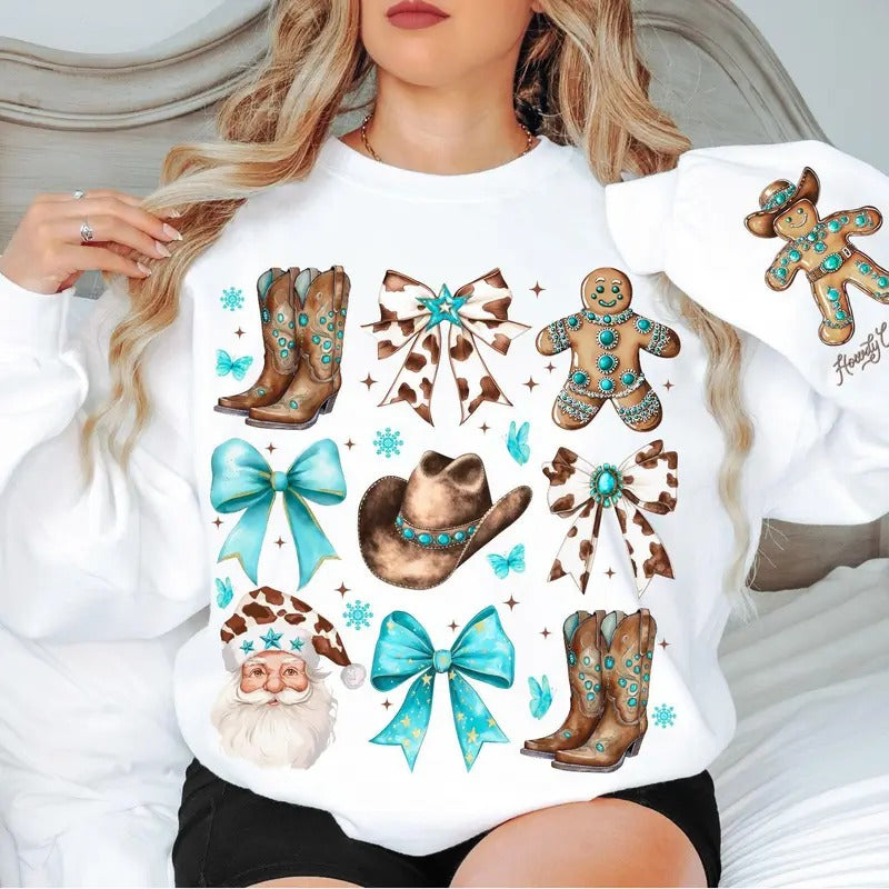 Western Christmas Coquette Shirt Western Turquoise Gem Stones Cow Bows Santa Cowboy Boots Gingerbread Digital Download...