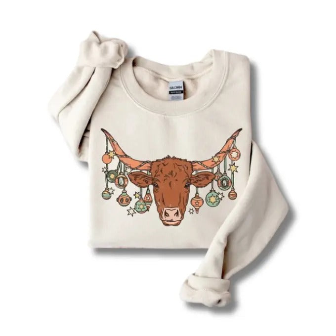 Western Christmas Sweatshirt, Bull Skull Shirt, Cowboy Christmas Vintage Graphic Tee, Hoodie, Sweatshirt Mens & Womens...