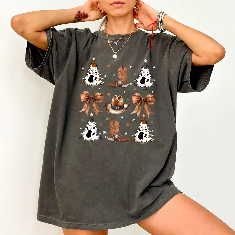Western Coquette Christmas Cowgirl Shirt Comfort Colors, Country Girl Tee, Western Cowboy T-shirt, Cow Print Christmas...