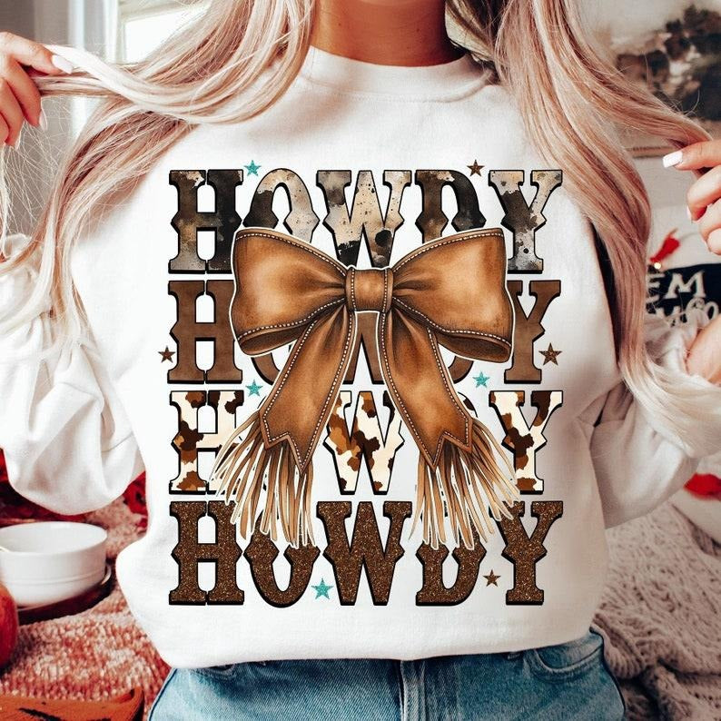 Western Cowgirl Howdy, Brown Leather Bow, Western Mama, Western Shirt Hoodie, Sweatshirt | HypeDripTees.com