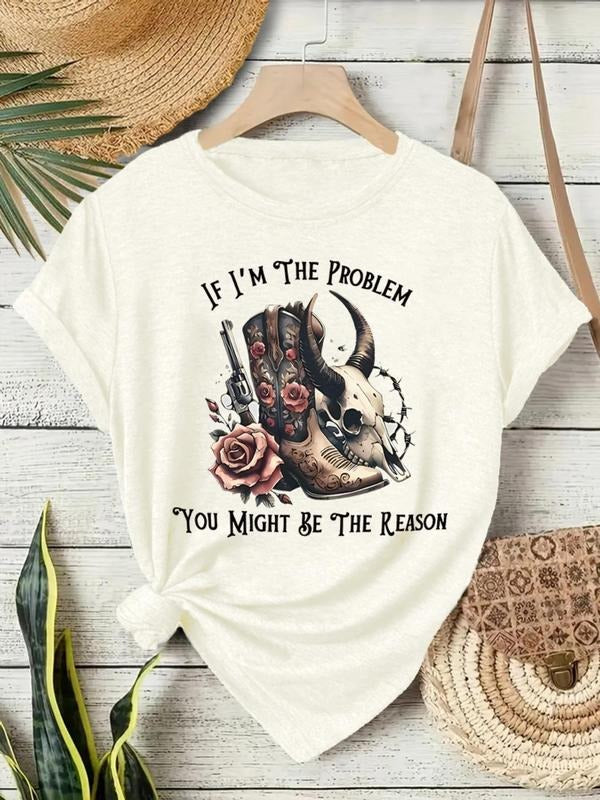 Western Skull Floral Print Women's Summer Casual Sporty Fitted Round Neck Short Sleeve T-Shirt S-XXL, Retro Style Letter...