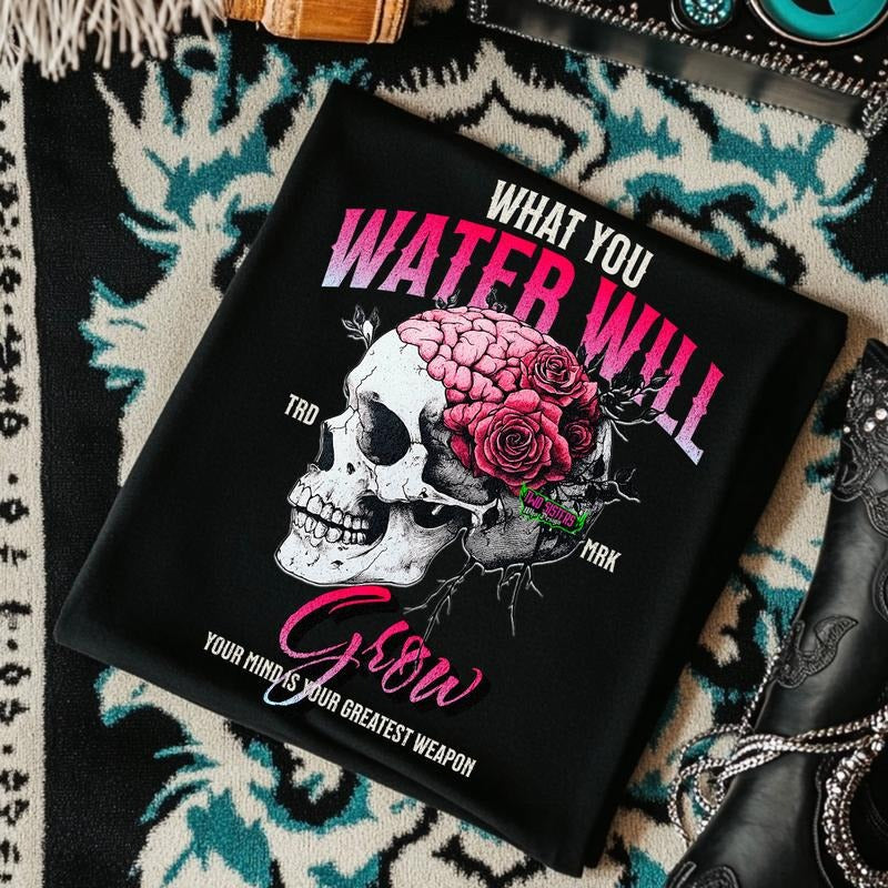 What You Water Will Grow Black CC Tshirt, Summer Grunge Oufits Featuring Skull and Rose,  Womenswear Crewneck Tops...