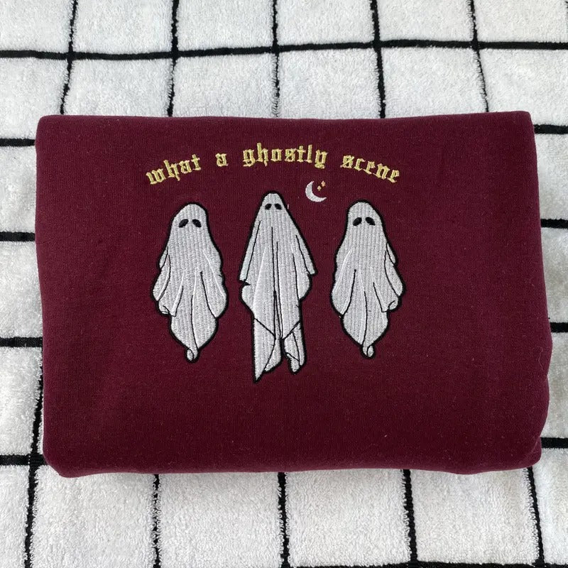 What a Ghostly Scene Sweatshirt Embroidered - Ghost Sweatshirt - Halloween Crewneck T-Shirts, Hoodie | HypeDripTees.com