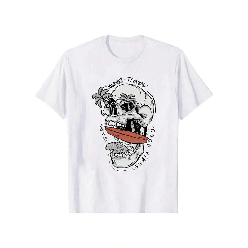 Whimsical Skull Design T - Shirt: Palm Tree - Filled Eye Holes, Surfboard - Biting Jaw, with 'Wurney - Tropical' Motif...