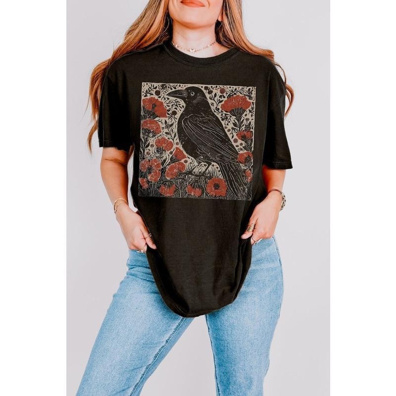 Whimsigoth Crow Shirt Linocut Bird Tshirt Edgar Allan Poe Shirt Nevermore Raven Dark Cottagecore Folk Art Tshirt Dark...