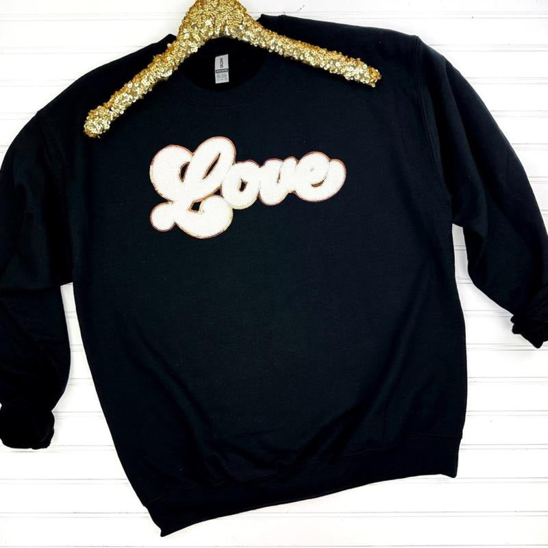 White Chenille Love Patch Sweatshirt -- BLACK T-Shirts, Hoodie | HypeDripTees.com