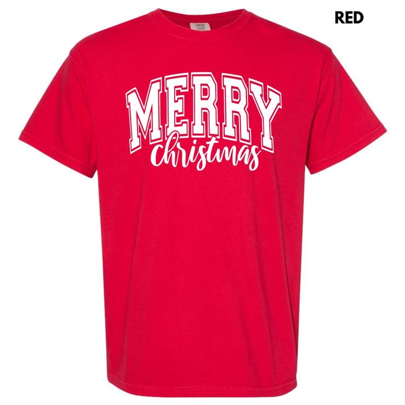 White Cursive Varsity Merry Christmas Comfort Colors T-Shirt 'NLB' Hoodie, Sweatshirt | HypeDripTees.com