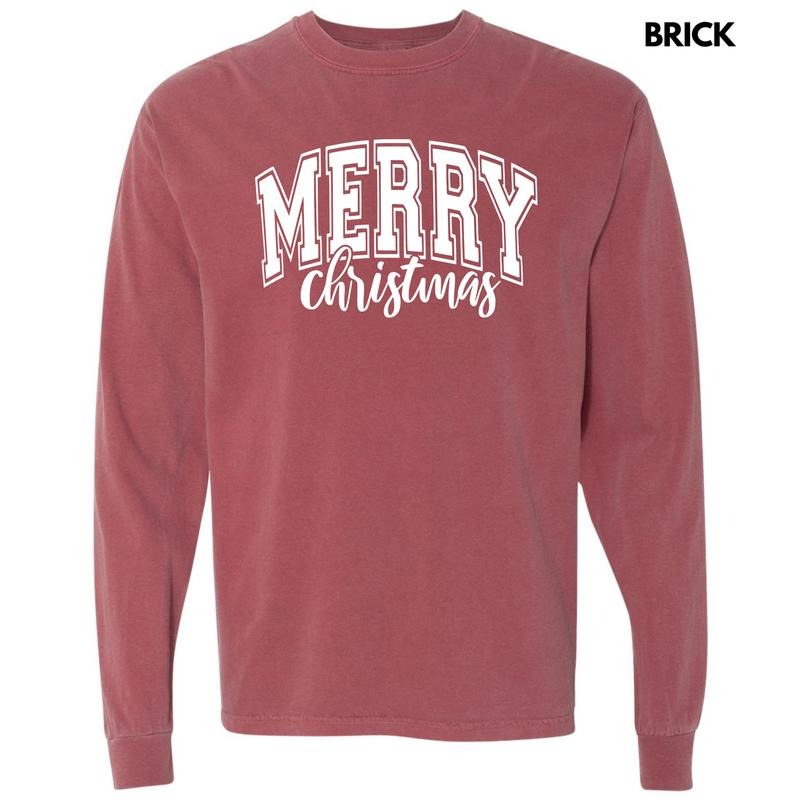 White Cursive Varsity Merry Christmas Long Sleeve Comfort Colors T-Shirt 'NLB' Hoodie, Sweatshirt | HypeDripTees.com