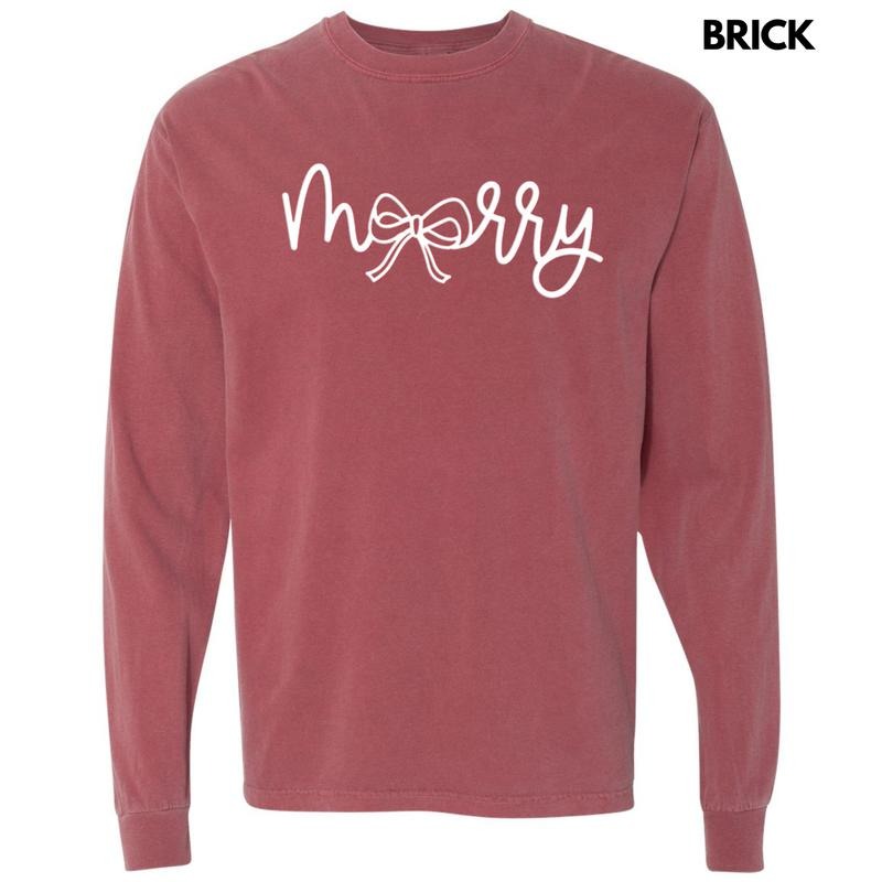 White Merry Bow PUFF Long Sleeve Comfort Colors T-Shirt Hoodie, Sweatshirt | HypeDripTees.com