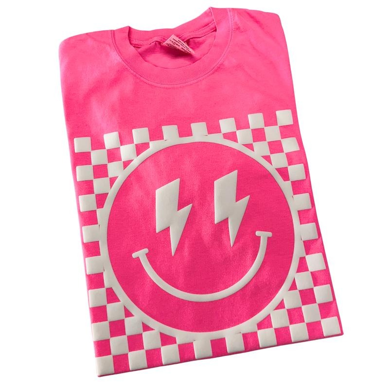 White Puff Checkered Happy Face Comfort Colors T-Shirt Hoodie, Sweatshirt | HypeDripTees.com