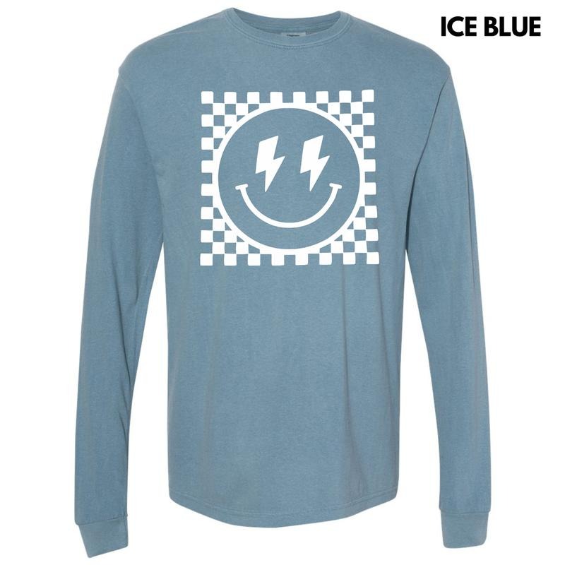 White Puff Checkered Happy Face Long Sleeve Comfort Colors T-Shirt Hoodie, Sweatshirt | HypeDripTees.com