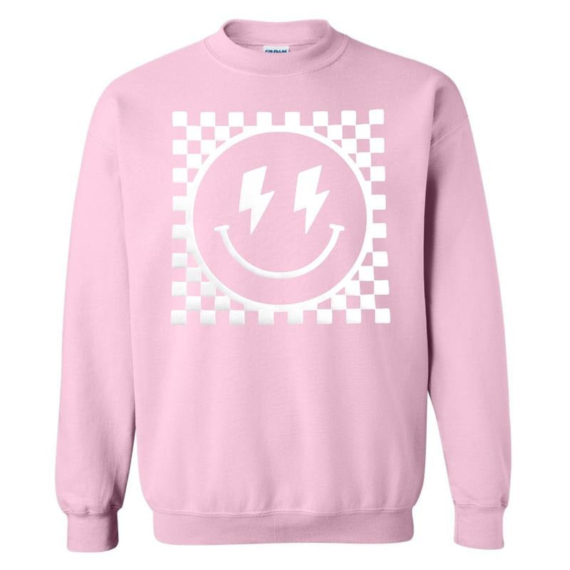 White Puff Checkered Happy Face Sweatshirt T-Shirts, Hoodie | HypeDripTees.com