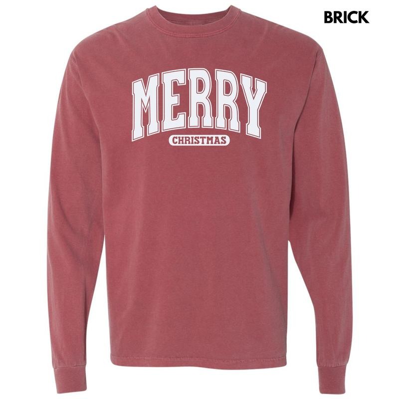White Varsity Merry Christmas Long Sleeve Comfort Colors T-Shirt 'NLB' Hoodie, Sweatshirt | HypeDripTees.com