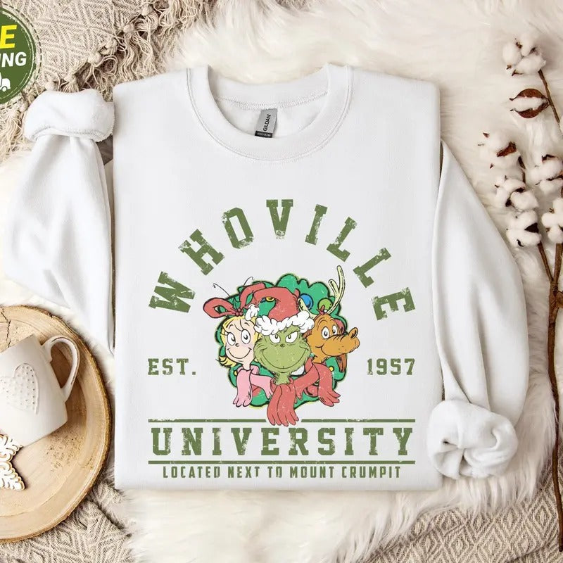 Whoville University Vintage Style Sweatshirt, Classic Whoville Holiday Shirt,Retro Christmas Whoville Sweater, Grinc...