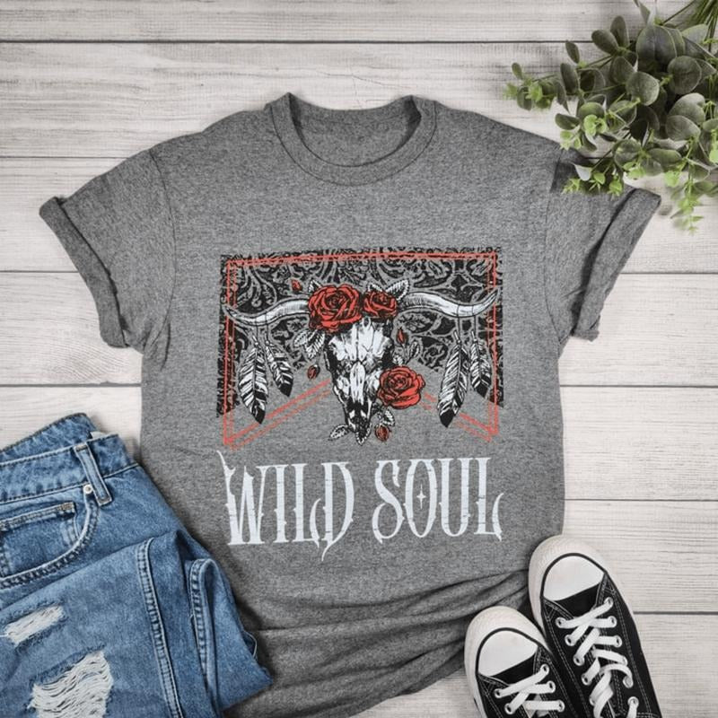 Wild Soul Cow Skull With Red Roses Graphic T-shirt Hoodie, Sweatshirt | HypeDripTees.com