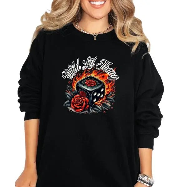 Wild Thing Graphic Tee, Sweatshirt & Hoodie | Blaze of Fire & Dice Graphic Casual T-Shirt | Edgy Rock & Roll Streetwear |...