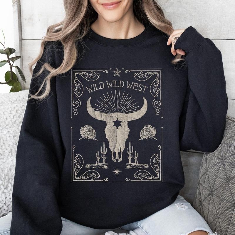Wild Wild West, Cow Skull, Rose, Western, Country Sweatshirt T-Shirts, Hoodie | HypeDripTees.com