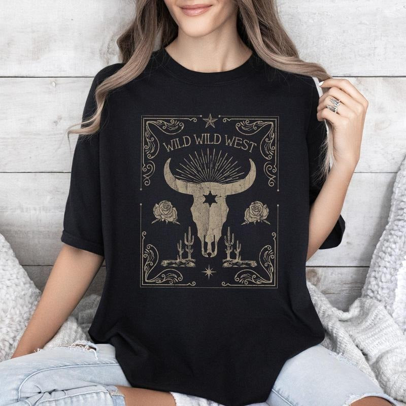Wild Wild West, Skull, Cattle, Cowboy, Cowgirl, Tshirt, Women's Crew Neck, Crewneck Hoodie, Sweatshirt | HypeDripTees.com