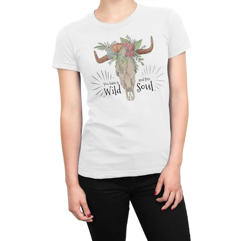 Wild and Free Soul Cow Skull Women's T-Shirt Casual Crewneck Hoodie, Sweatshirt | HypeDripTees.com