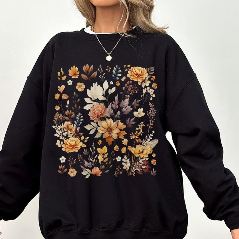 Wildflower Autumn Shirts, Vintage Pressed Flowers Sweatshirt, Shirt For Women, Fall T-shirts, Autumn Sweatshirt, Autumn...