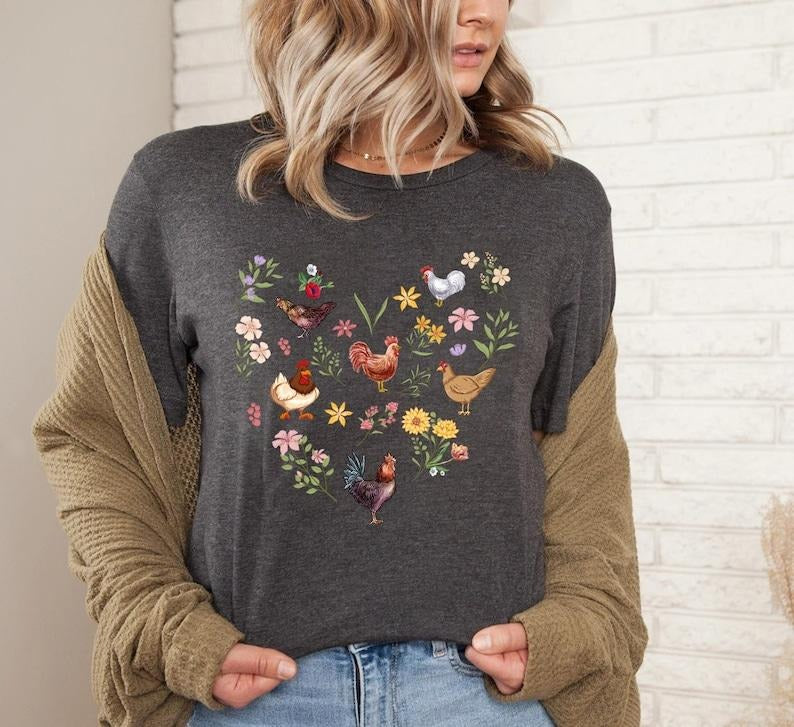 Wildflower Chicken Shirt, Ladies Chicken Tshirt, Chicken T shirt, Chicken Lover, Chicken mom Tee, Cottagecore Farm Girl...