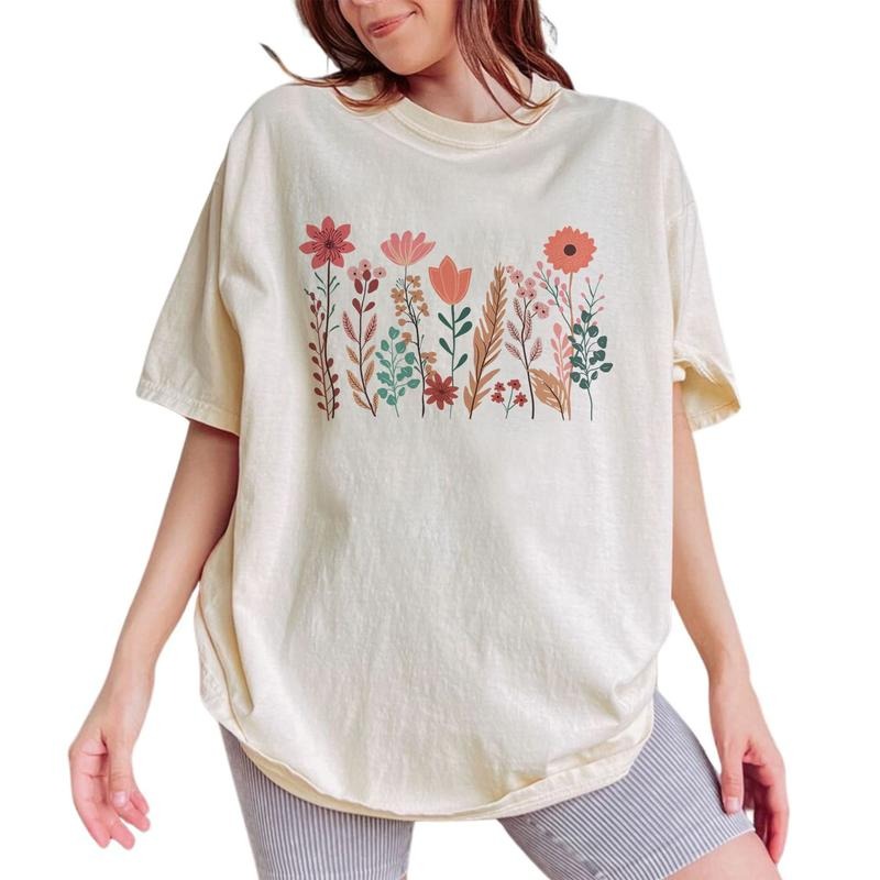 Wildflower Vintage Tee, Botanical Floral Vintage Graphic Tee Women, Nature Lover Unhinged Shirts For Women, Women Outfit,...