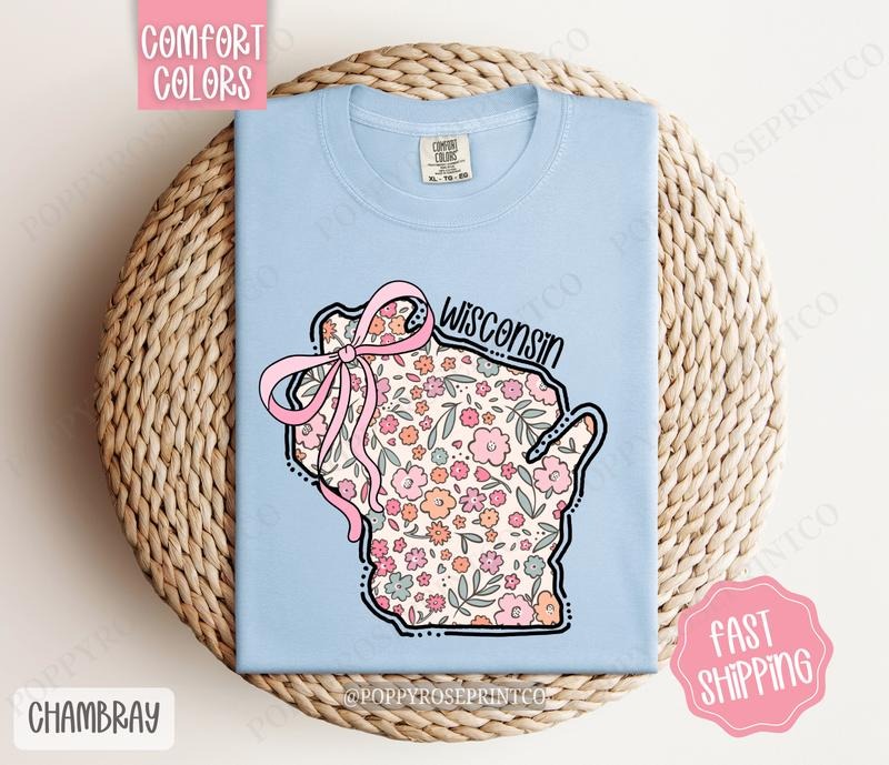 Wisconsin Floral Bow Comfort Colors T-shirt, Cute Trendy Tee, State Coquette Oversized Top Hoodie, Sweatshirt