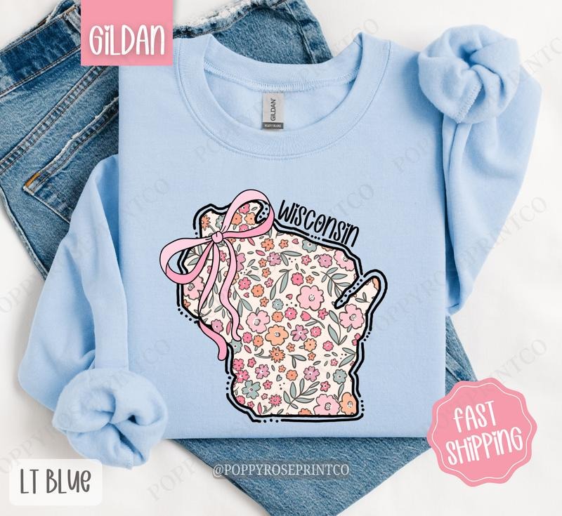 Wisconsin Floral Bow Gildan Sweatshirt, Cute Trendy State Coquette Pullover T-Shirts, Hoodie | HypeDripTees.com