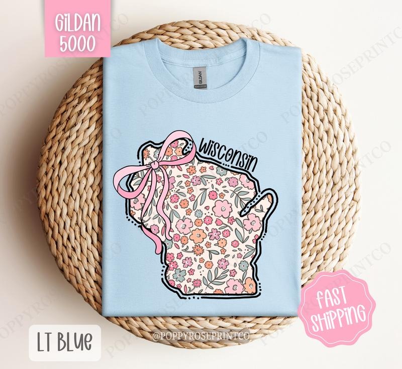 Wisconsin Floral Bow Gildan T-shirt, Cute Trendy Tee, State Coquette Oversized Top Hoodie, Sweatshirt | HypeDripTees.com