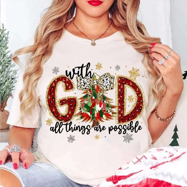 With God all things are possible, Jesus Christmas, Colorful Glitter Christmas Tree, Christian Christmas Tshirt Hoodie,...