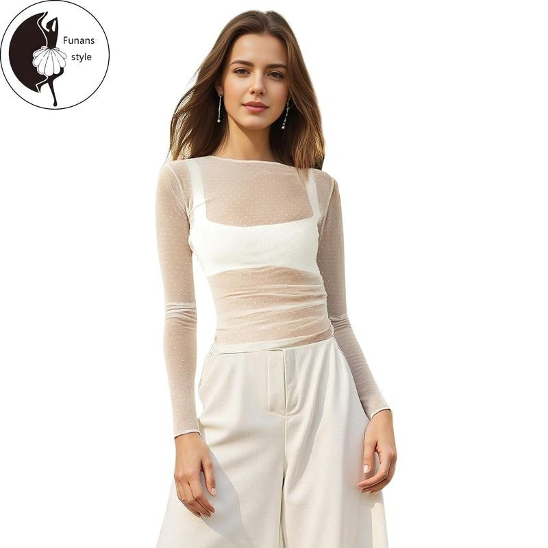 Women Basic Mesh Tops Casual Swiss Dot Sheer Long Sleeve Shirt Hoodie, Sweatshirt | HypeDripTees.com