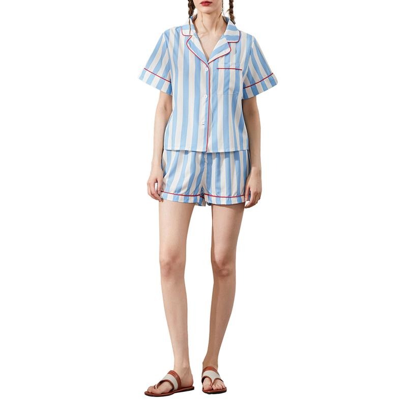 Women Button up Pajama Set Vertical Stripe Print Short Sleeves T-Shirt and Elastic Shorts for 2 Piece Loungewear Hoodie,...