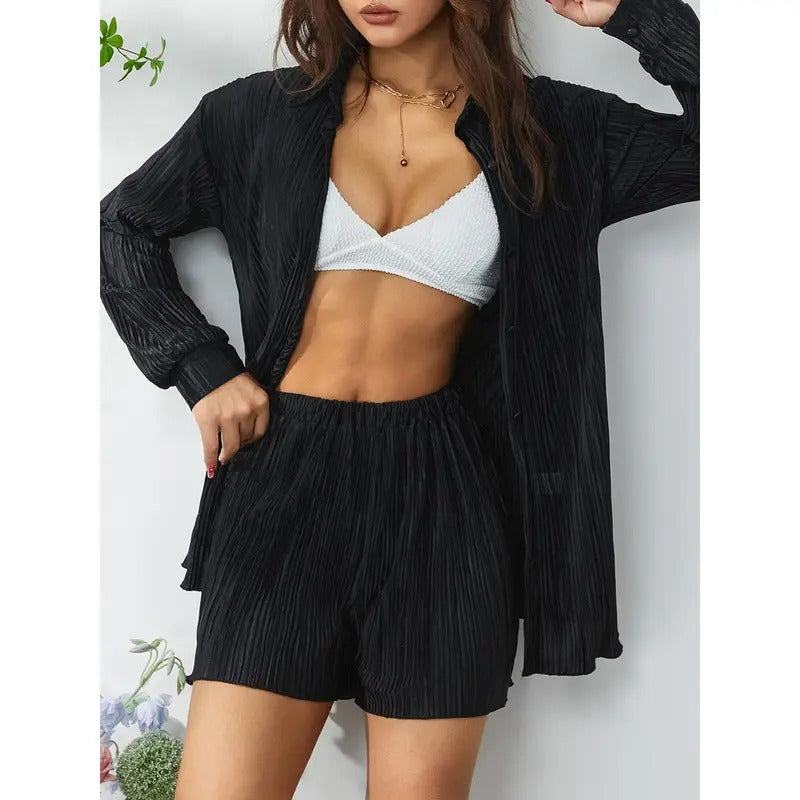 Women Casual 2 Pcs Clothes Set Solid Color Ruched Long Sleeve Button Down Shirts with Shorts Suit Womenswear Army Hoodie,...