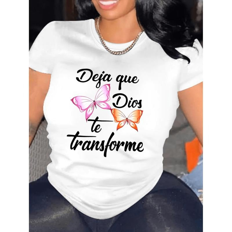 Women Casual Short Sleeve T Shirt With Inspirational Print Medium Stretch Round Neck Pastel Tee For Spring Summer...
