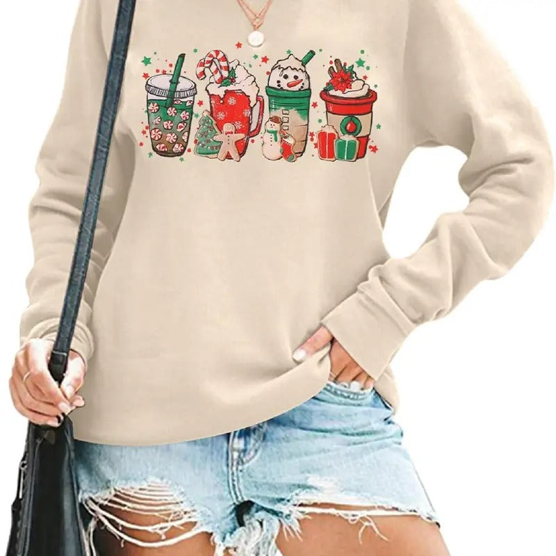 Women Christmas Coffee Cups Sweatshirt Snowman Retro Groovy Long Sleeve T-shirt Santa Cookies Lightweight Tee Cotton...