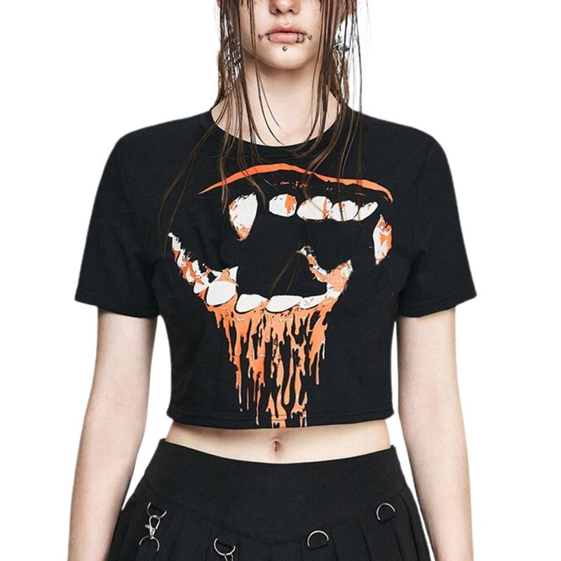 Women Crop Halloween T-Shirts Casual Summer Bloody Teeth Print Short Sleeve Tops for Streetwear Grunge Clothes Fashion...