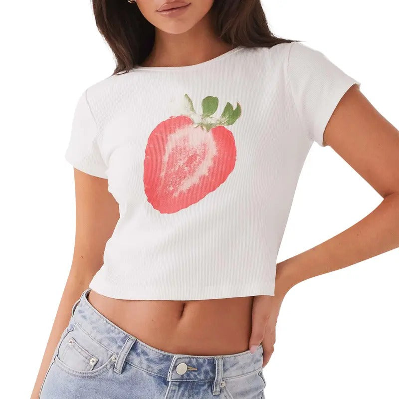 Women Crop Tops Strawberry Print Short Sleeve Round Neck Casual T-Shirts Summer Slim Fit Shirts Streetwear Womenswear...