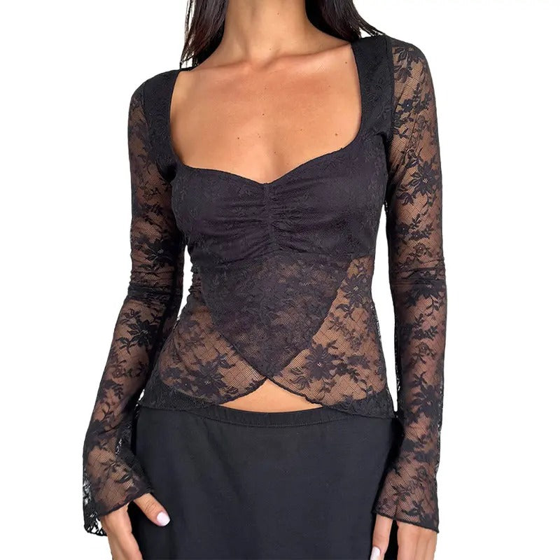 Women Crop Wrap Tops See-Through Lace Sweetheart V-Neck Long Sleeve Shirt for Club Streetwear Aesthetic Grunge Clothes...