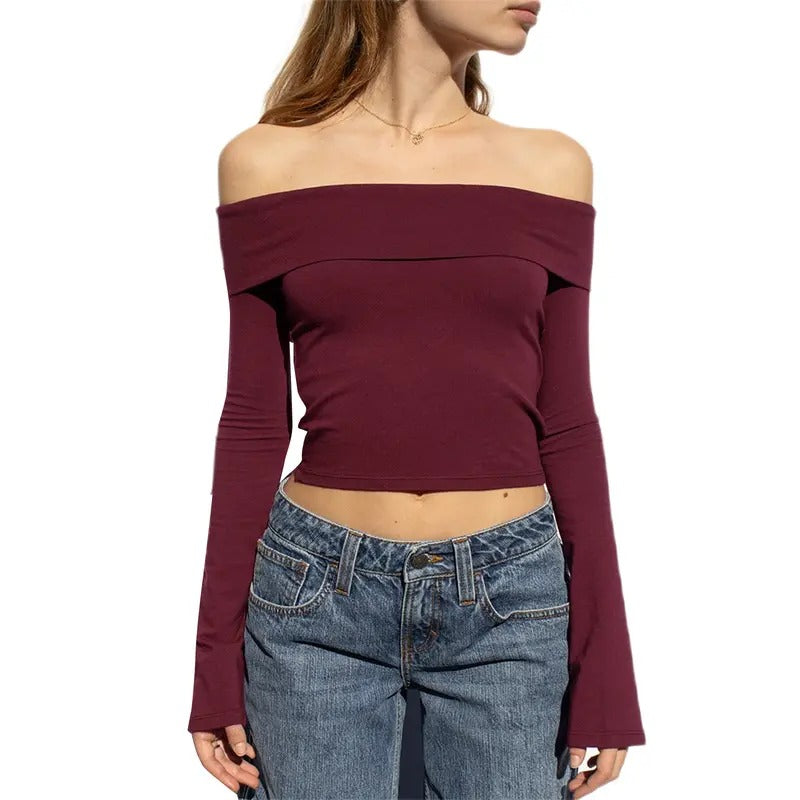 Women Fall Off Shoulder Crop Tops Flare Long SleeveFit Show Navel Solid T-shirts Hoodie, Sweatshirt | HypeDripTees.com