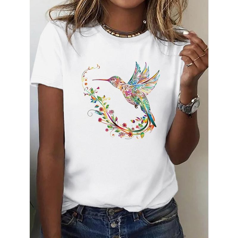 Women Hummingbird Print Crew Neck Short Sleeve T-shirt Trendy Graphic Tee Spring Summer Tops Hoodie, Sweatshirt