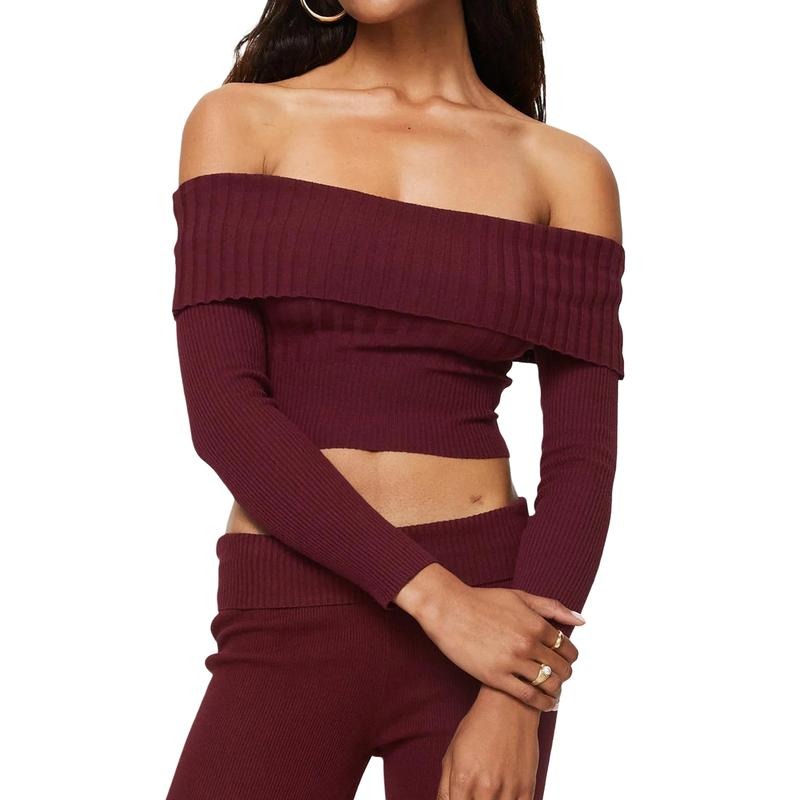Women Knit Crop Tops Solid Color Boat Neck Long Sleeve Sweater Spring Fall CasualFit T-Shirts Streetwear Hoodie, Sweatshirt
